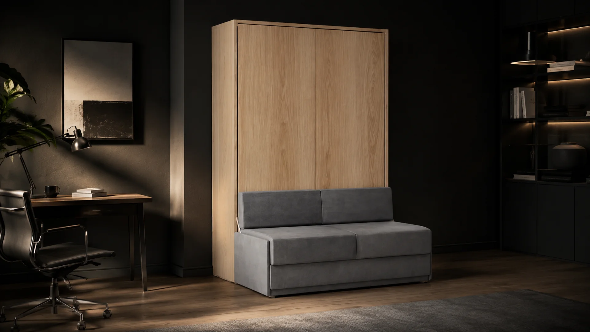 Cama retrátil WallBed totalmente fechada, parecendo um painel na parede