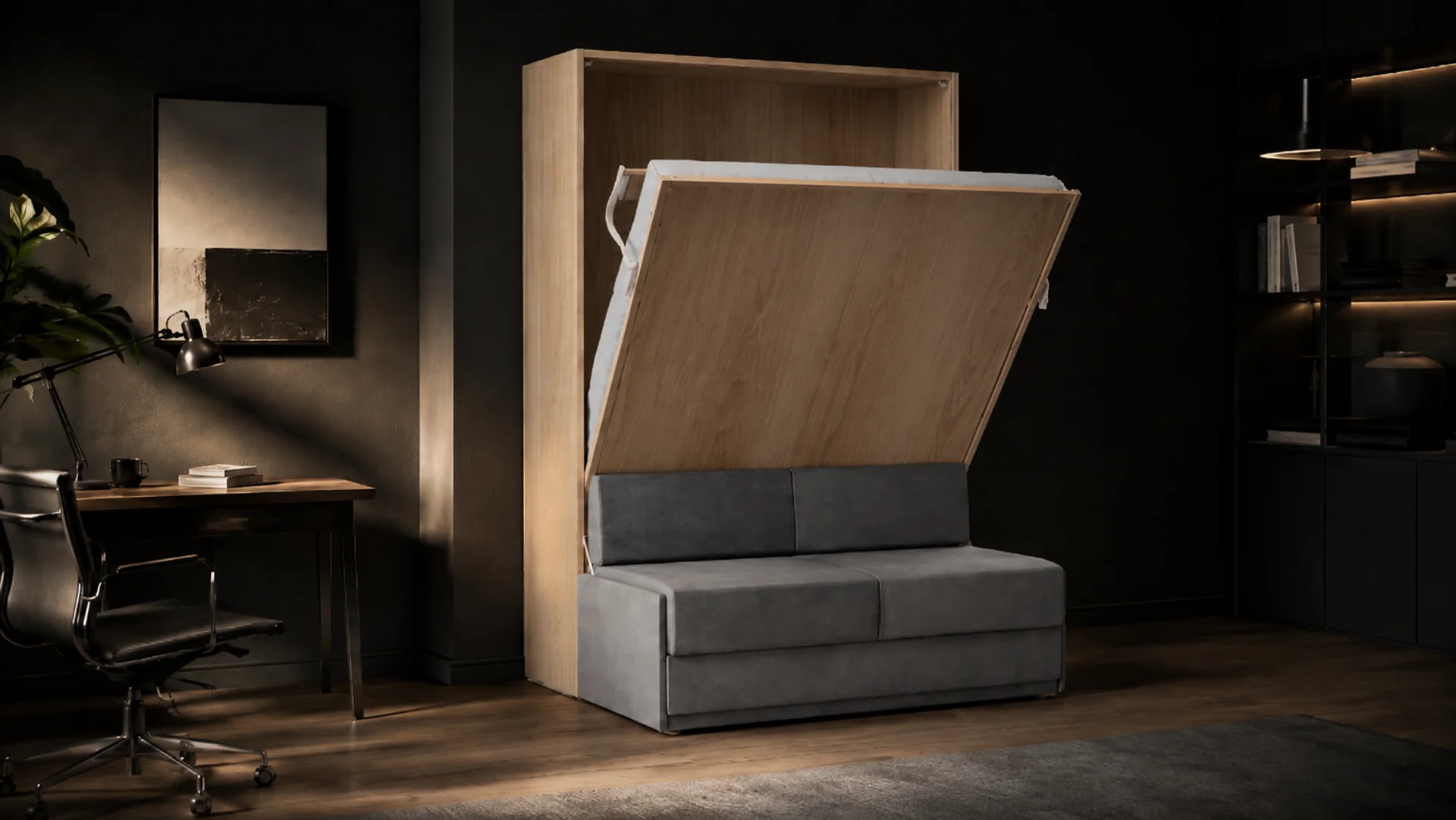 Cama retrátil começando a abrir, painel inclinado