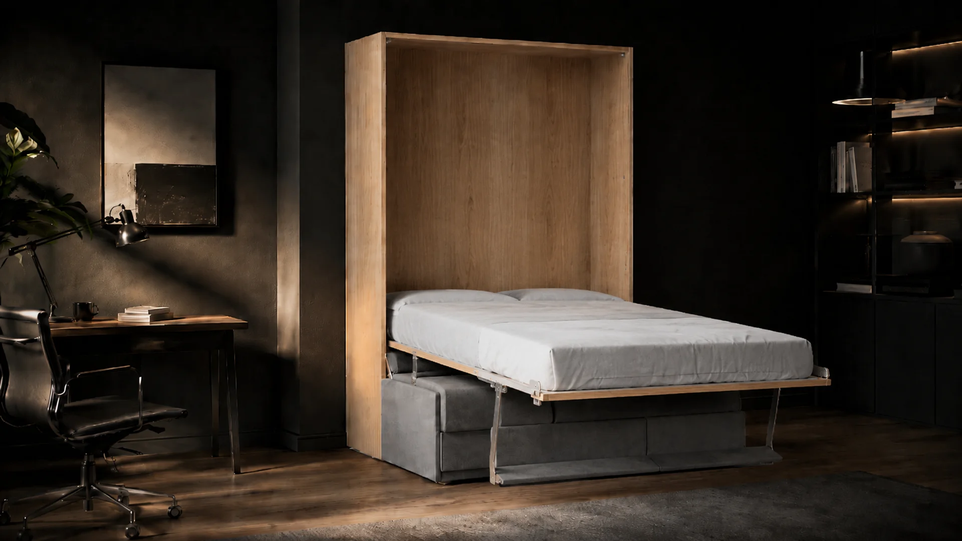 Cama retrátil quase totalmente aberta, colchão aparecendo